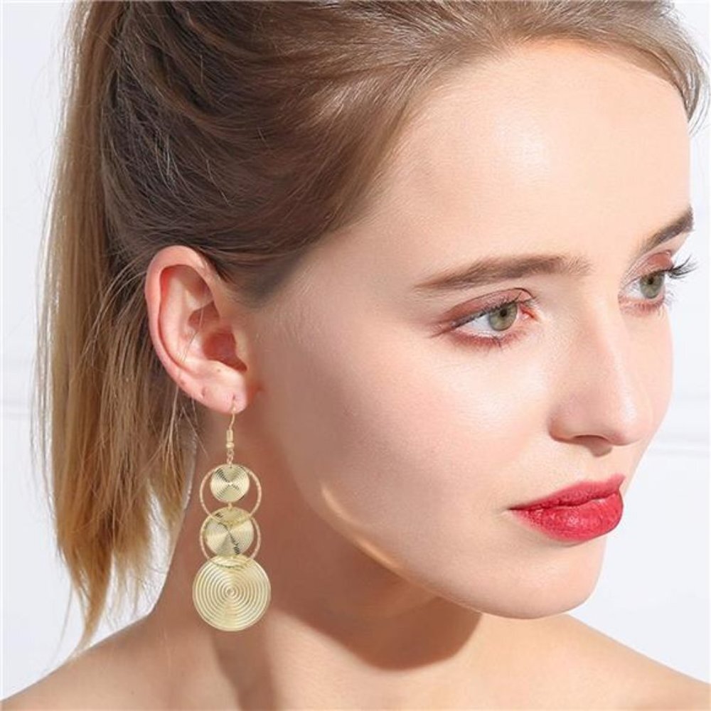 Gold Plated‎ Circle Cut Out Drop Dangle Earrings Statement Chandelier Earrings - Picture 2 of 4